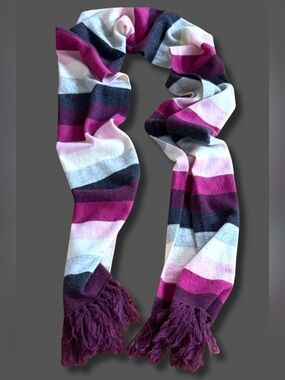 Mainbocher 100% Cashmere Scarf Burgundy Pink Gray Striped Fringe Wrap Shawl